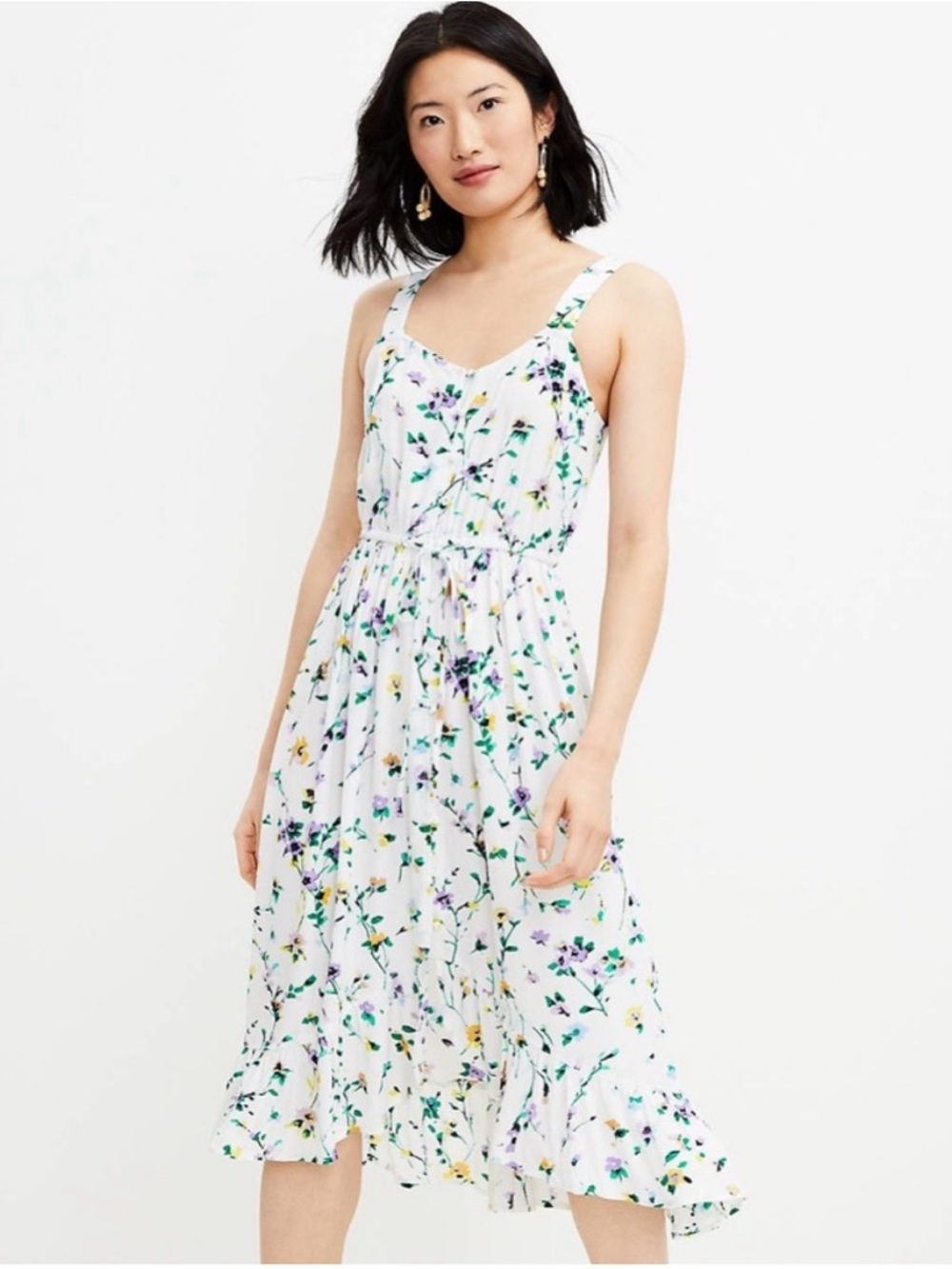 LOFT Floral White Midi Sundress with Tie Waist
